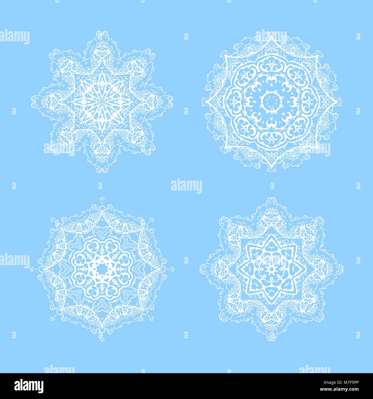 Vector ornato il simbolo del fiocco di neve. Illustrazione del mandala in bianco su sfondo blu Illustrazione Vettoriale