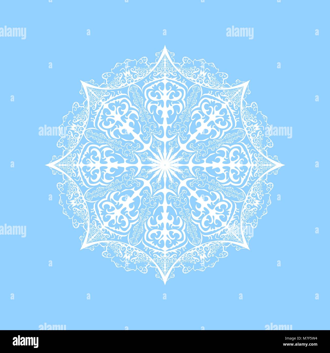 Vector ornato il simbolo del fiocco di neve. Illustrazione del mandala in bianco su sfondo blu Illustrazione Vettoriale