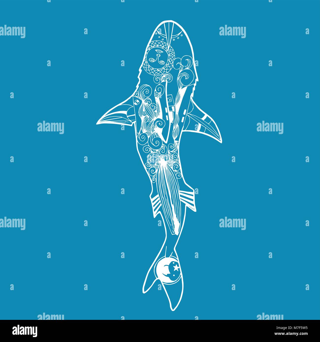 Vector shark vista superiore in stile zentangle. Mano bianca disegno animale marino su sfondo blu. Pesce decorativo Illustrazione Vettoriale