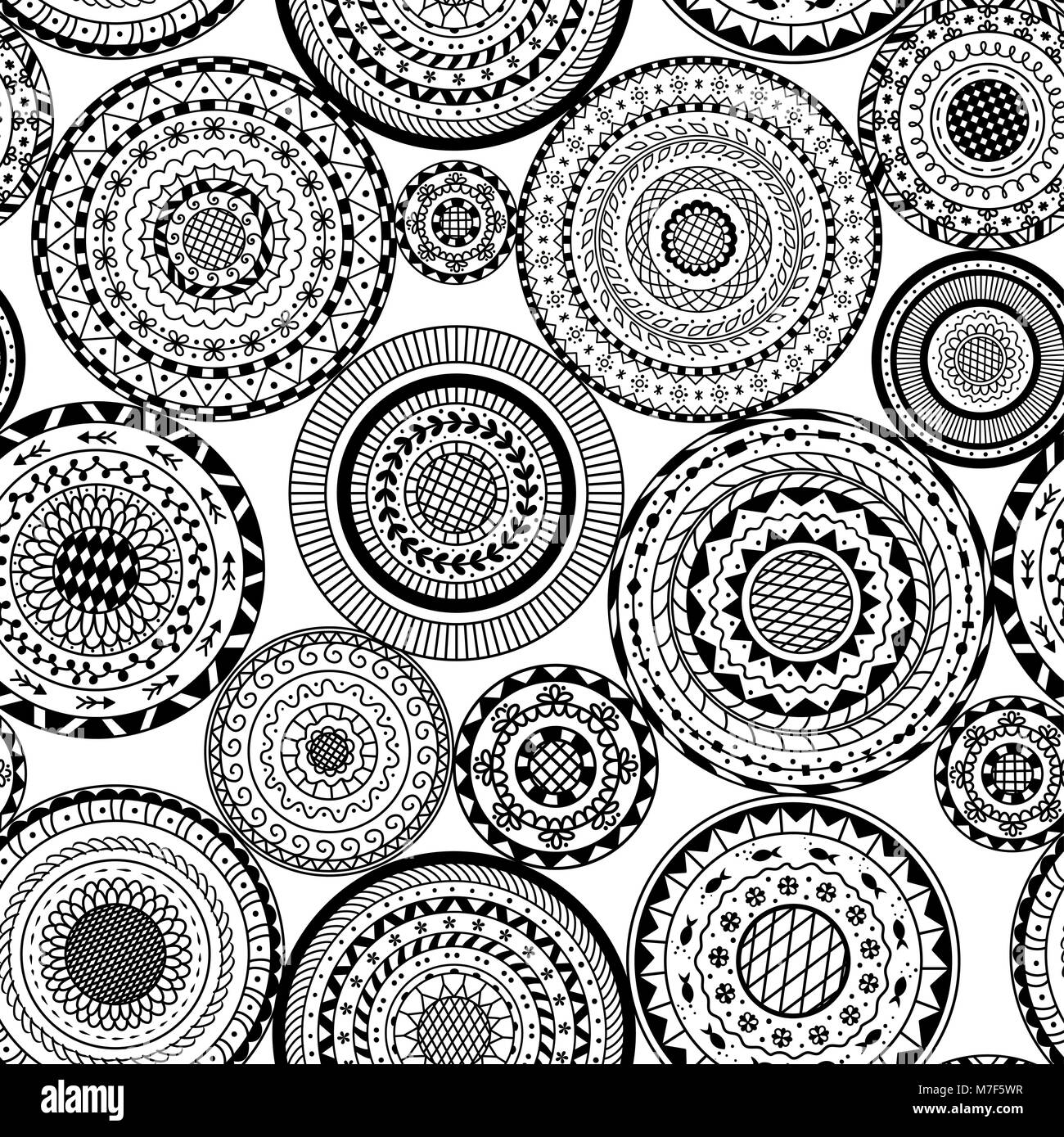 Vector pattern senza giunture dal bianco e nero round mandala. Sfondo decorativo di cerchio mandala. Pagina di colorazione prenota anti stress per adulto. Illustrazione Vettoriale