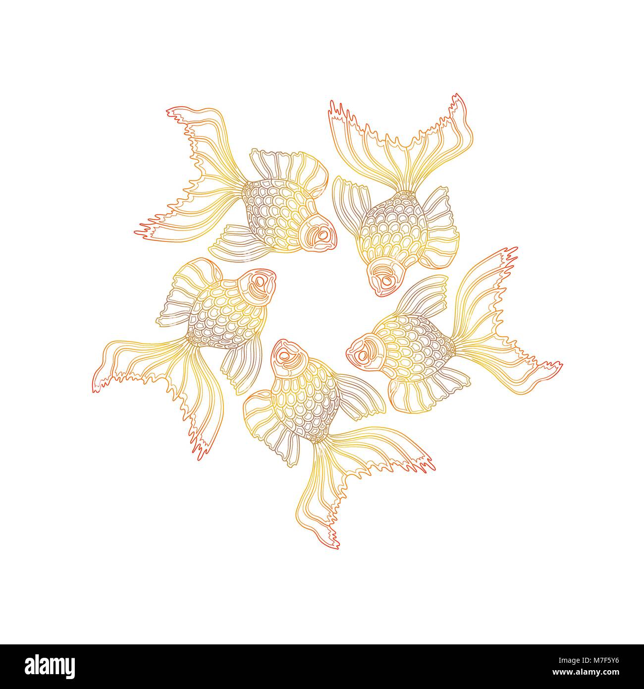 Vettore disegnati a mano goldfishes galleggianti in un cerchio. La linea art design goldfish Illustrazione Vettoriale