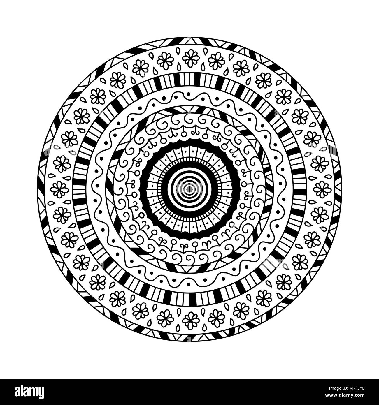 Illustrazione Vettoriale di round mandala. Etnica ornamento decorativo. Pagina di colorazione prenota anti stress per pazienti adulti Illustrazione Vettoriale