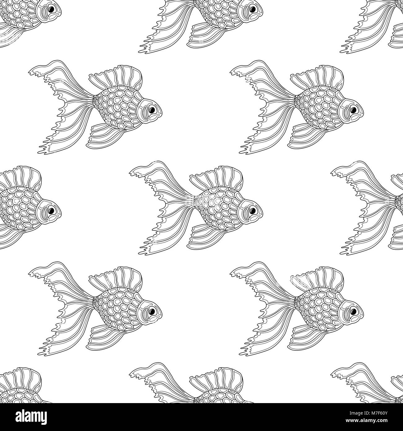 Vector seamless pattern di line art goldfish. Sfondo infinito di pesci Illustrazione Vettoriale