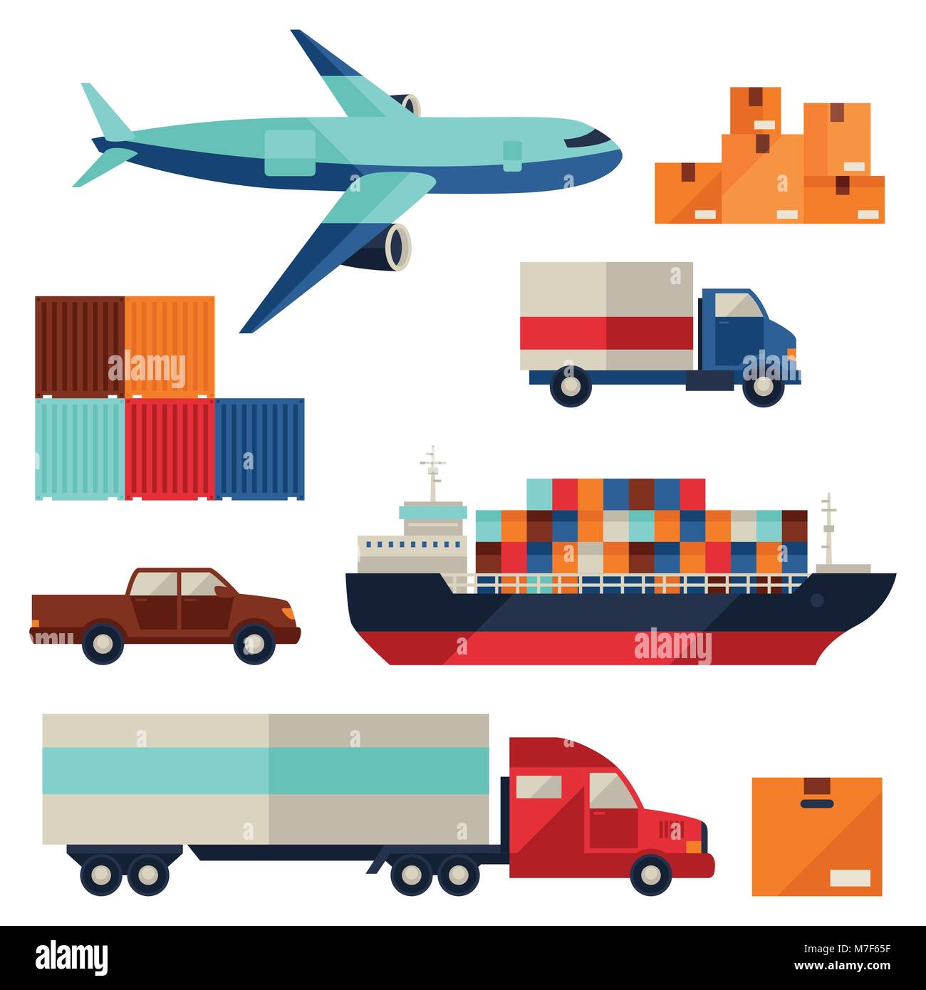 Trasporto merci trasporto cargo set di icone in flat uno stile di design Illustrazione Vettoriale