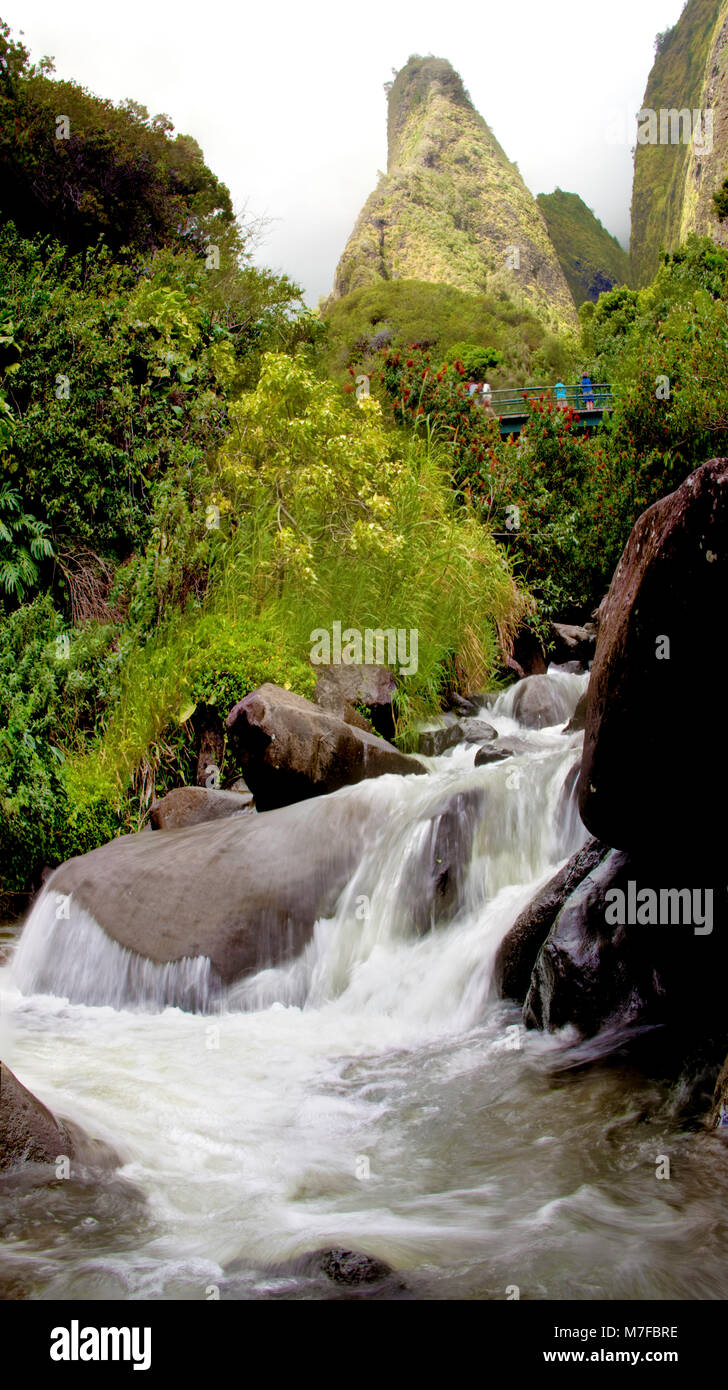 Turisti attraversando ponte sotto il Maui Iao ago con Iao Stream in primo piano a Iao Valley State Park, Maui, Hawaii. Tre immagini sono state digita Foto Stock