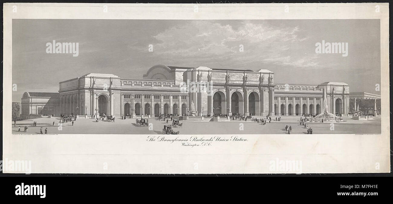 L'immagine mostra la Union Station della Pennsylvania Railroad a Washington, D.C., progettata da D.H. Burnham & Co., evidenziandone lo stile architettonico e l'importanza come centro di trasporto. Foto Stock