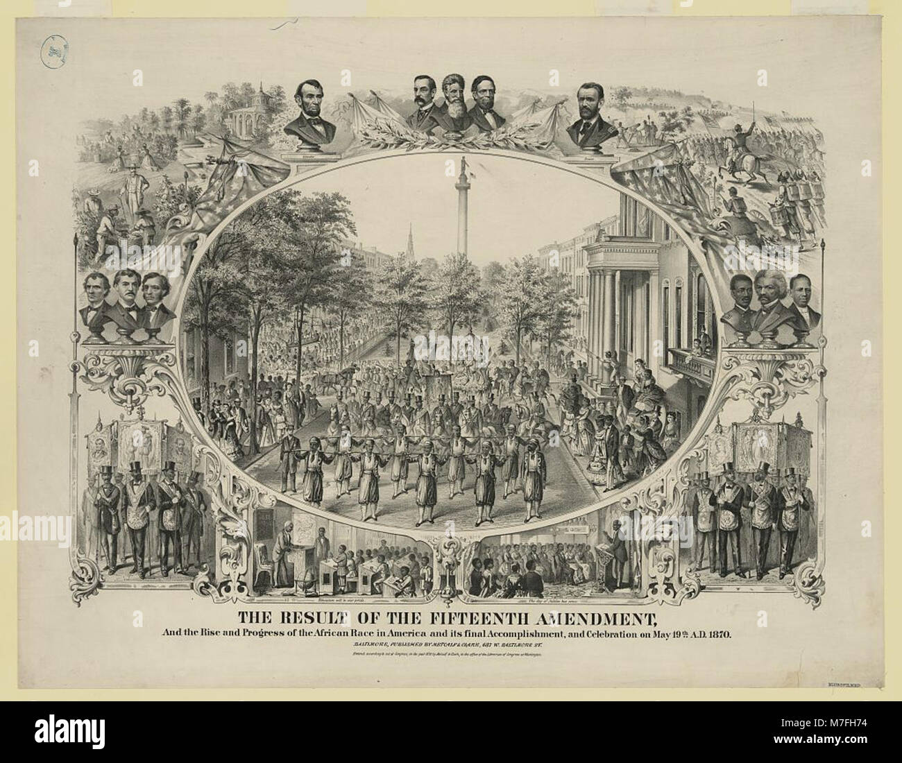 L'impatto del quindicesimo emendamento sui diritti civili afroamericani, culminante nella celebrazione del suo passaggio e del progresso degli afroamericani negli Stati Uniti. Foto Stock