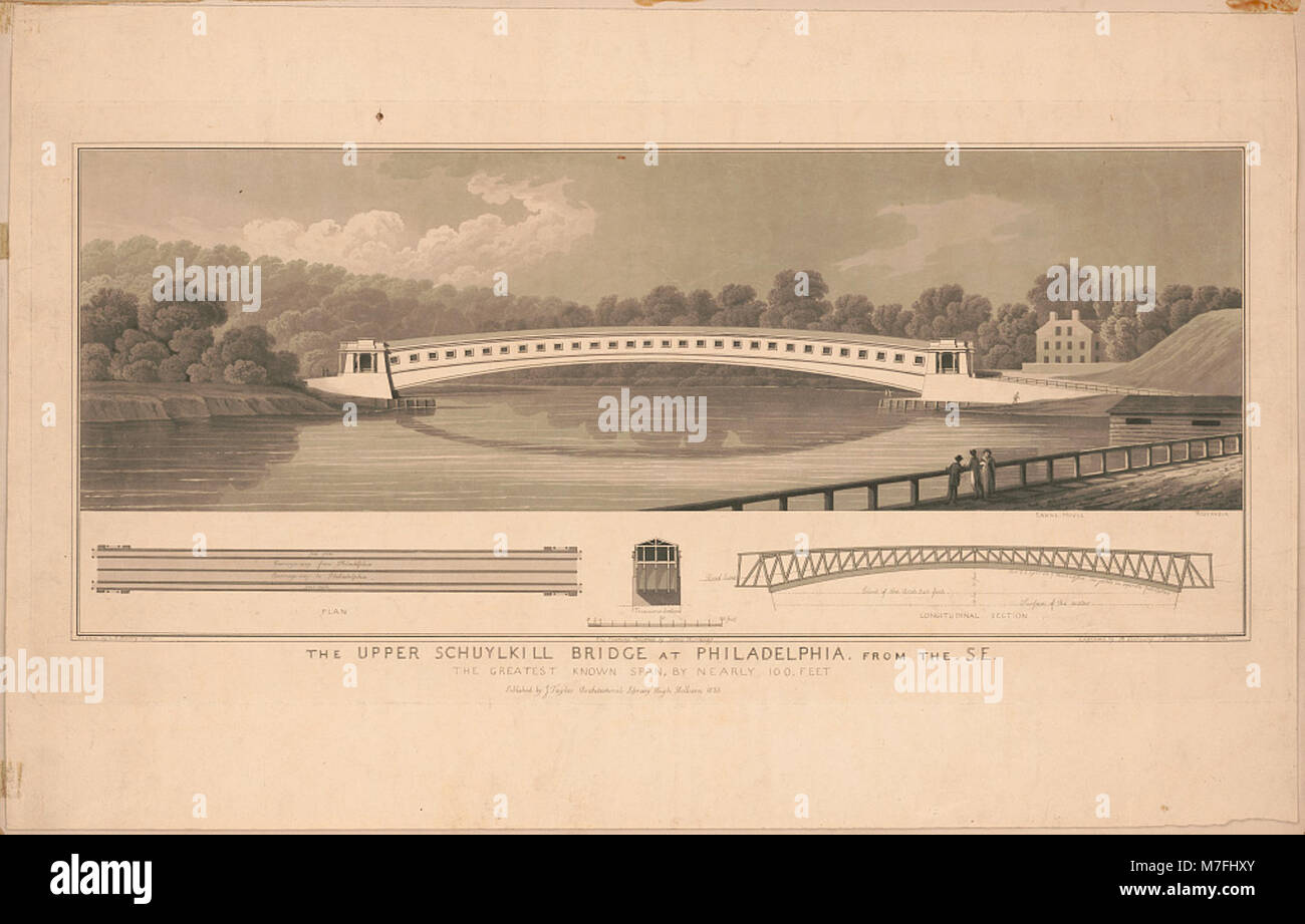 L'Upper Schuylkill Bridge di Filadelfia, visto da sud-est, presenta la sua grande apertura, che è il più grande conosciuto di quasi 100 metri. Il disegno, realizzato dall'architetto C.A. Busby e inciso da M. Dubourg, mette in risalto la progettazione ingegneristica e strutturale del ponte. Foto Stock