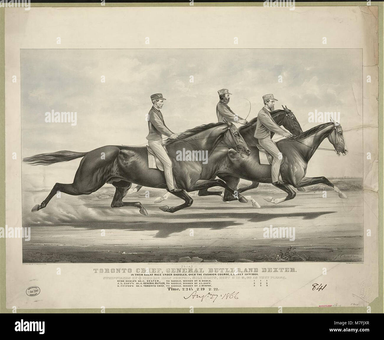 Un'immagine storica di una corsa tra cavalli, con il generale Butler e Dexter, tenutasi al Fashion Course di Long Island il 19 luglio 1866. L'evento presenta corse ippiche competitive. Foto Stock