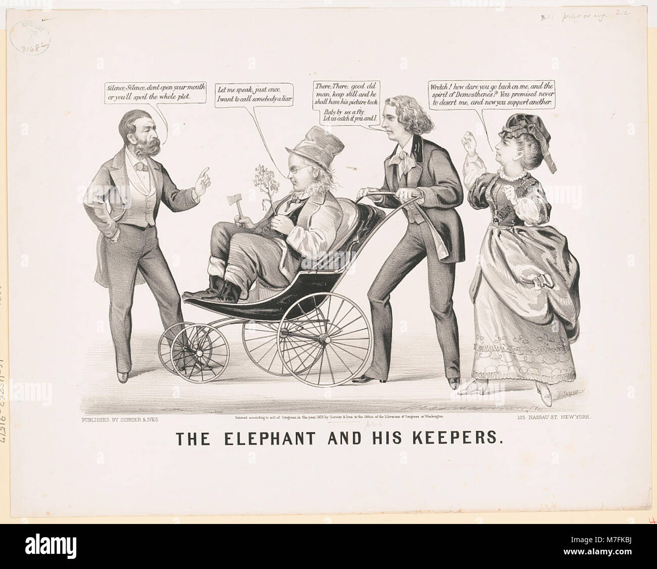 Una fotografia che mostra un elefante e i suoi custodi, catturando il rapporto tra l'animale e i suoi gestori in un contesto storico. Foto Stock