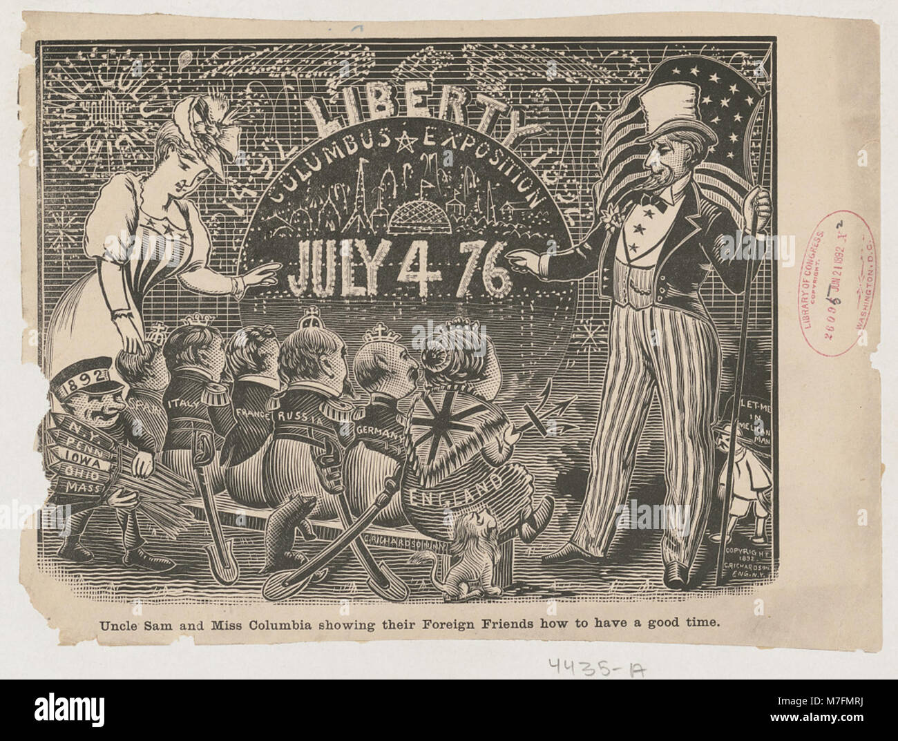 Questa illustrazione mostra lo zio Sam e la signorina Columbia, simboli tradizionali americani, che guidano i visitatori stranieri su come divertirsi, probabilmente riflettendo l'ospitalità americana e l'identità culturale durante i primi anni del XX secolo. Foto Stock