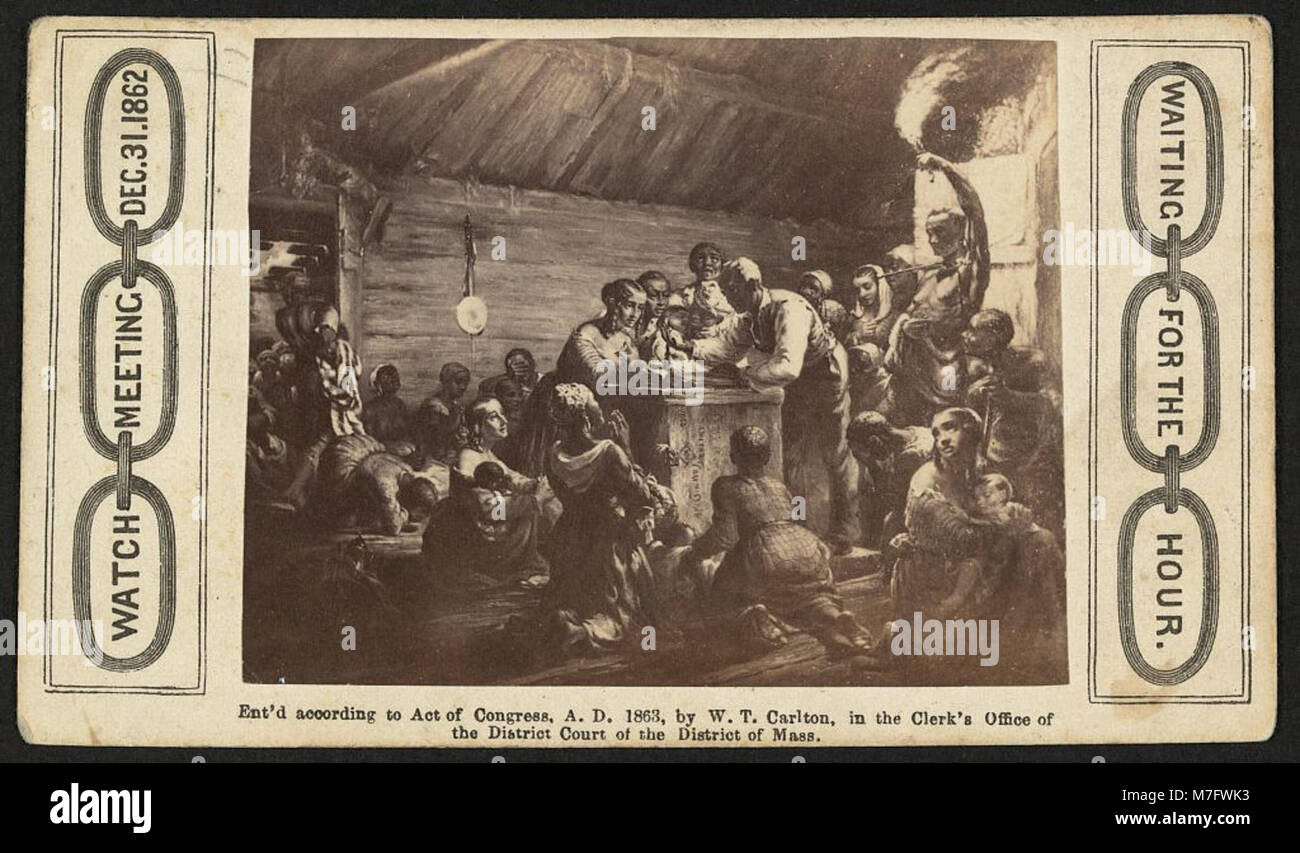 Una fotografia del 31 dicembre 1862, che mostra un gruppo di individui in attesa dell'ora in un ambiente sociale, catturati come cartes de visite da Heard & Moseley a Boston. Foto Stock