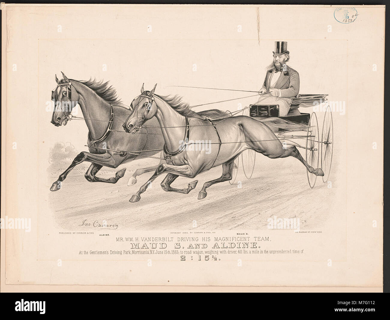 Questa fotografia cattura il signor William H. Vanderbilt alla guida della sua rinomata squadra di cavalli, Maud S. e Aldine, noti per le loro impressionanti prestazioni nello sport delle corse in carrozza. Foto Stock