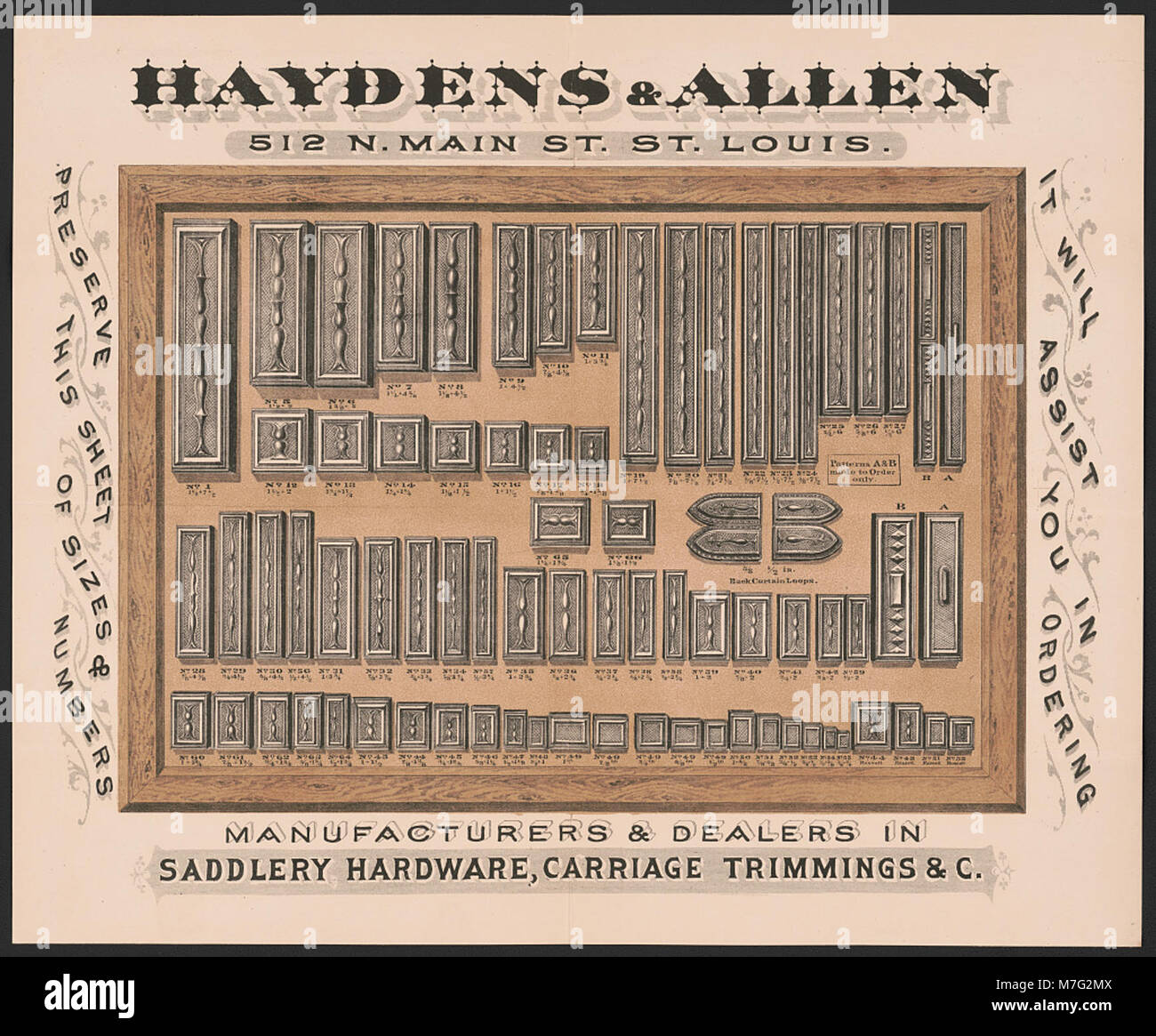 Una pubblicità o una fotografia storica che mostra Haydens & Allen, un'azienda nota per i suoi ferramenta per selleria, i rivestimenti per carrozze e i beni correlati. L'immagine evidenzia il ruolo dell'azienda nel commercio americano del XIX secolo. Foto Stock