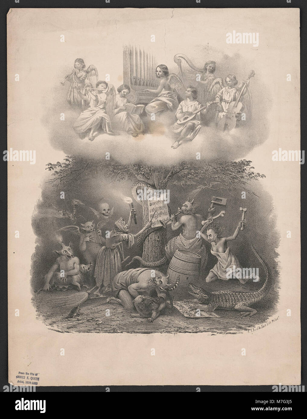 Questa opera d'arte contrasta il celeste e l'inferno, raffigurando angeli che suonano musica in cielo e arpie che suonano musica all'Inferno. Il pezzo esplora i temi delle forze divine e demoniache attraverso il simbolismo musicale. Foto Stock