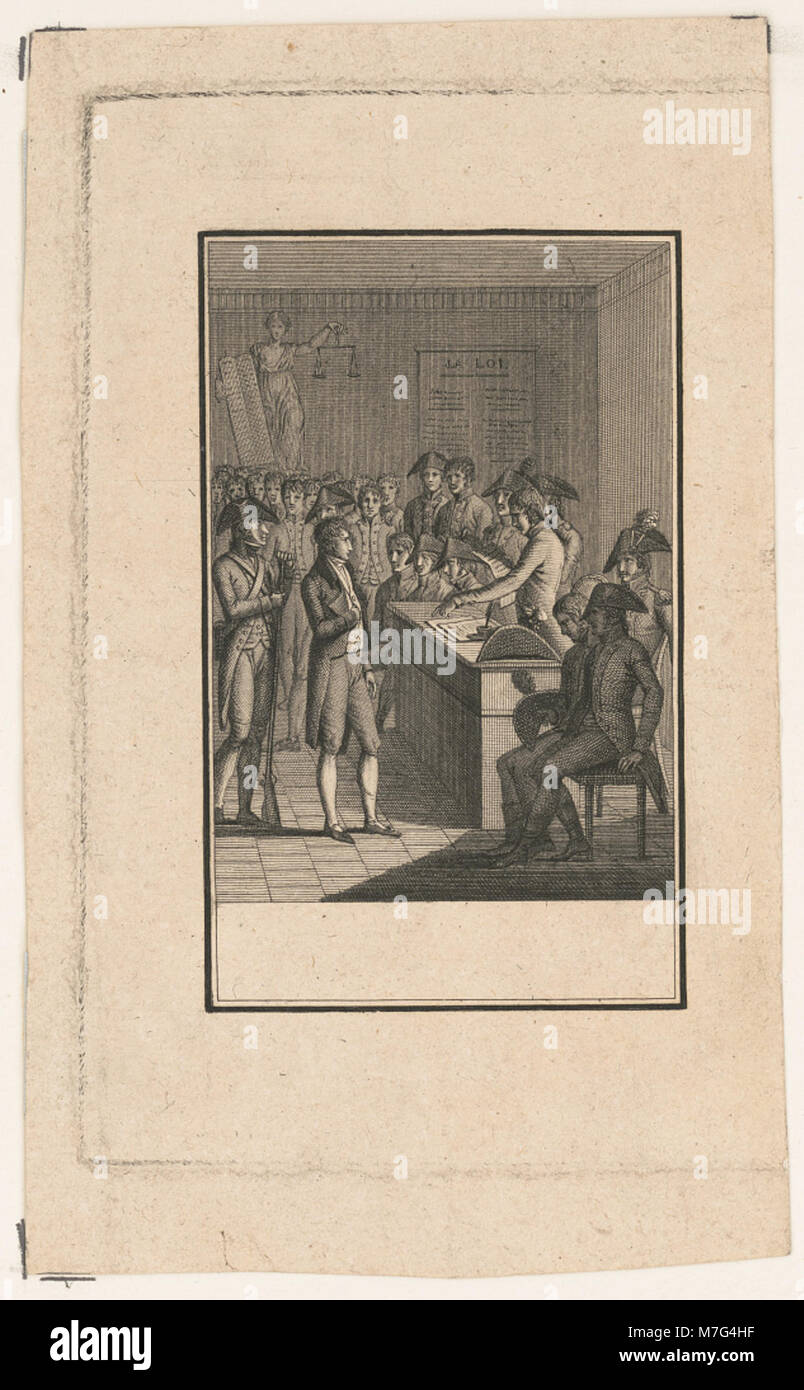 Questa scena storica mostra un imputato davanti a un tribunale rivoluzionario, forse durante il regime del terrore, evidenziando l'intensità e il pericolo dei processi politici in questo periodo. Foto Stock