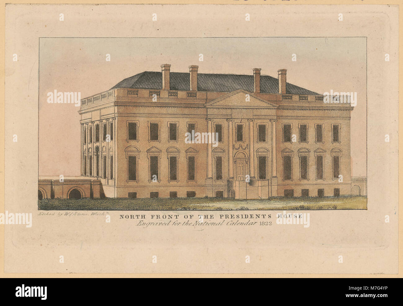 Un'incisione di W.I. Stone raffigurante il fronte nord della President's House a Washington, D.C., che illustra le caratteristiche architettoniche iconiche della Casa Bianca. Foto Stock