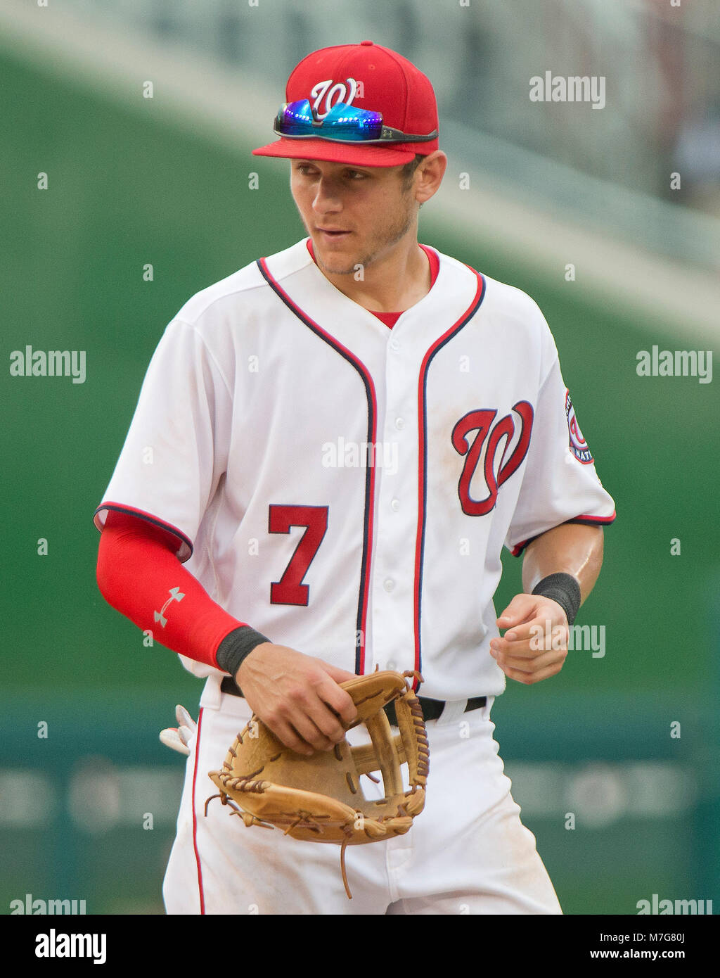 Cittadini di Washington secondo baseman Trea Turner (7) tiene il campo per il nono inning contro Atlanta Braves presso i cittadini Parco di Washington, D.C., domenica 14 agosto 2016. I cittadini hanno vinto il gioco 9 - 1. Credito: Ron Sachs / CNP/MediaPunch ***per solo uso editoriale*** Foto Stock