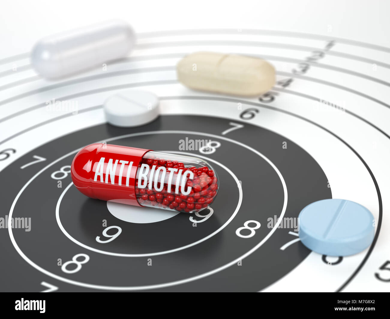 Pillole su target e antibiotico nel centro. La ricerca scientifica o meglio di prescrizione farmaci concetto. 3d illustrazione Foto Stock