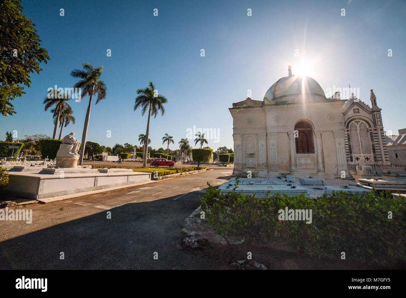 Sole luminoso su un mausoleo storico e palme presso il Cimitero di Colón a l'Avana, Cuba Foto Stock