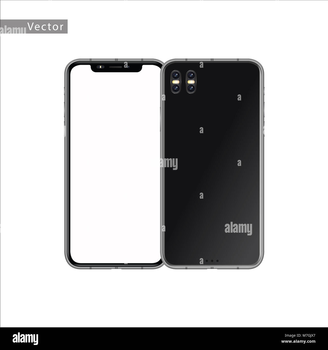 Nuovo smartphone con schermata bianca vuota. Isolato su sfondo bianco. Realistico illustrazione vettoriale. Foto Stock