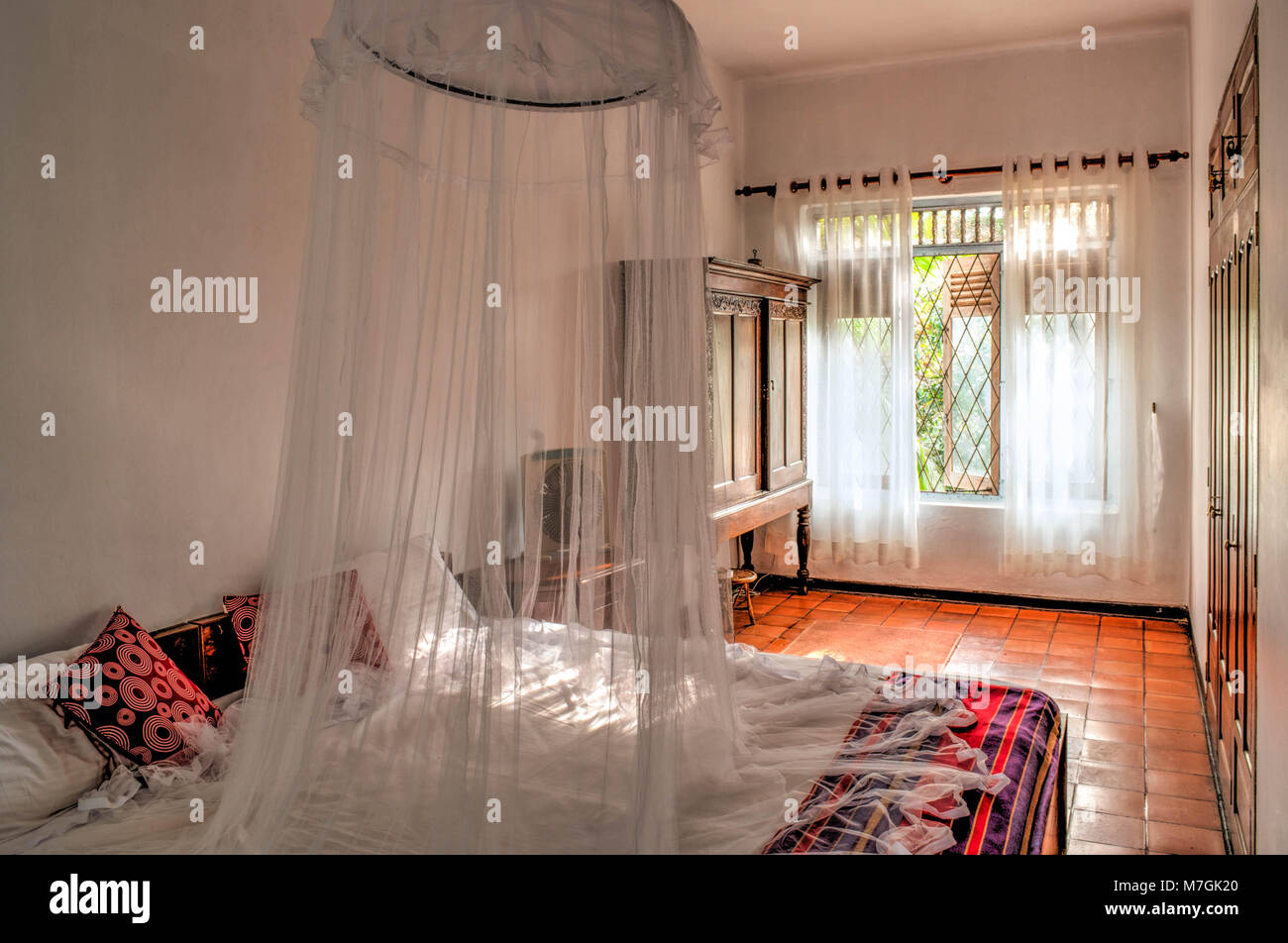 Una tradizionale camera da letto matrimoniale con biancheria floreale di un  verde zanzariera sopra il letto e diversi dipinti Foto stock - Alamy