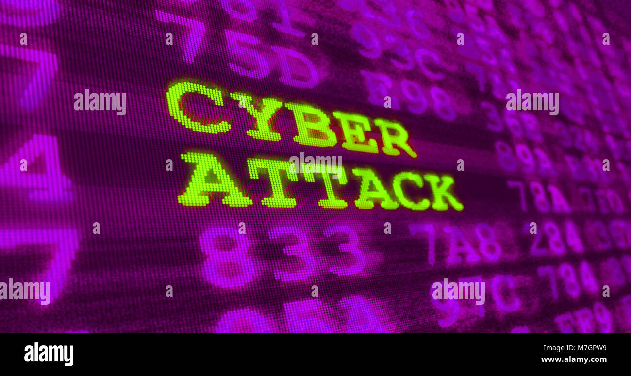 Cyber attacco e il computer gli avvertimenti di sicurezza - cyber attacco - verde parole e numeri sul rumore ultravioletta dello sfondo. La sicurezza dei dati e digital technolo Foto Stock