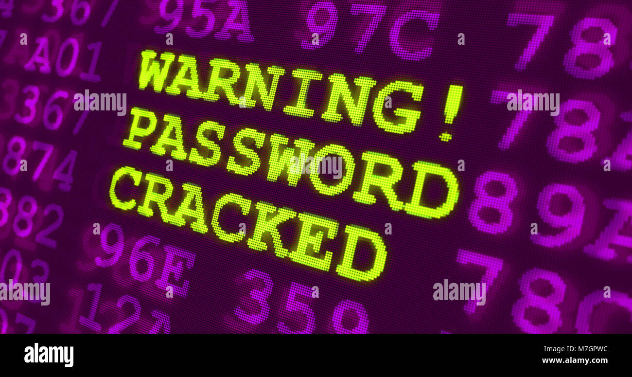 Cyber attacco e il computer gli avvertimenti di sicurezza - Avvertenza password incrinato - verde parole e numeri su sfondo a raggi ultravioletti. La sicurezza dei dati e te digitale Foto Stock