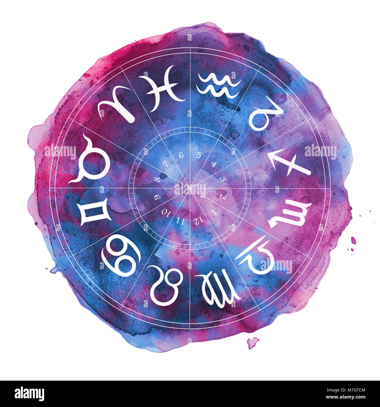 I simboli dello zodiaco in cerchio ad acquerello Foto Stock