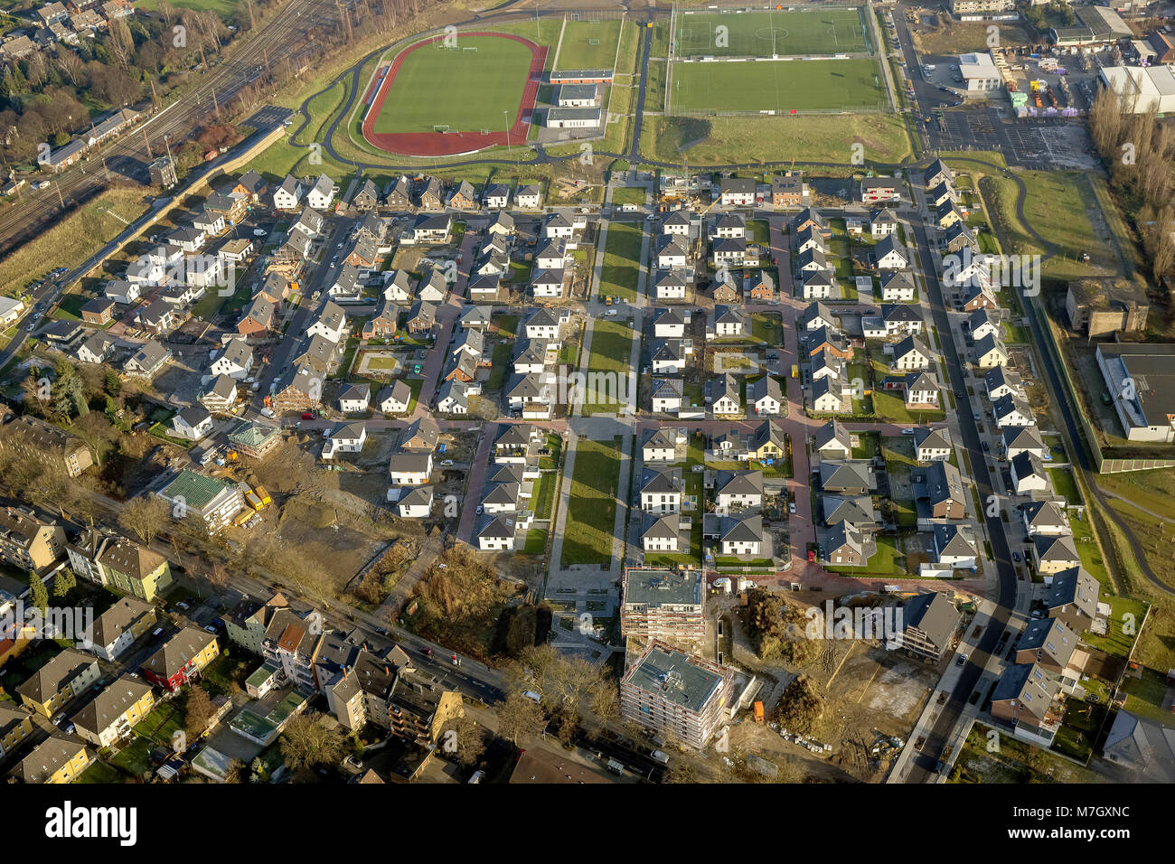 Vista aerea, Maybacher Heide, conversione, case unifamiliari, case a schiera, occupata dal proprietario case, area dell'edificio, ex-caserma zona Reston Foto Stock