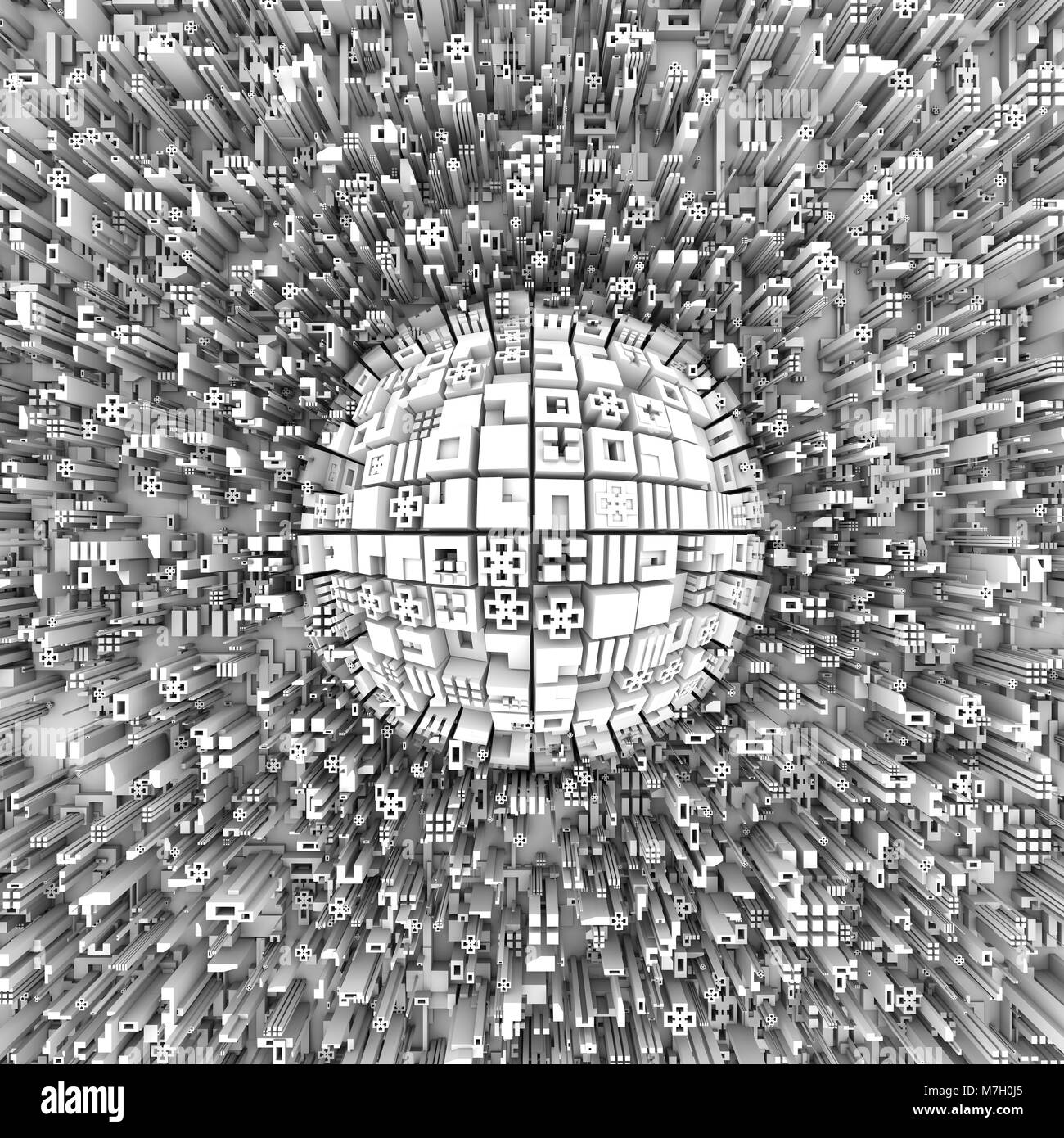 Vista da sopra su un astratto città con grattacieli intorno ad un enorme sfera in centro, composta di diverse forme geometriche. Luce moderno astratto Foto Stock