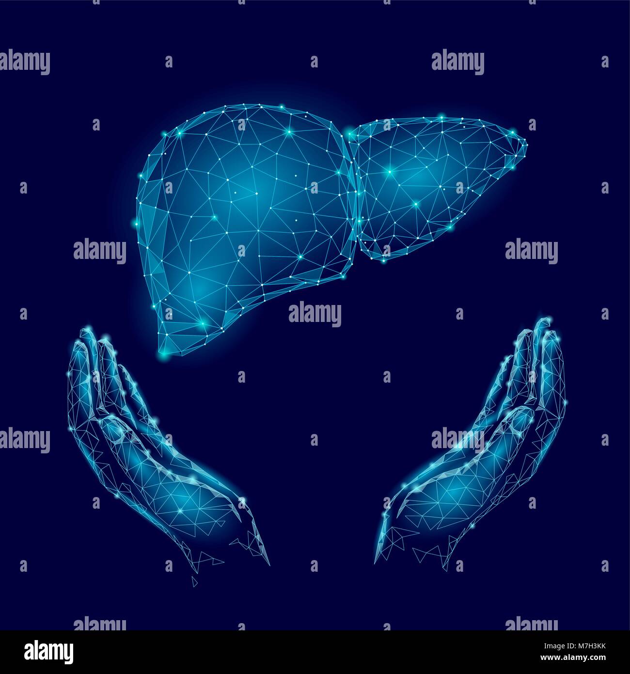 Giornata Mondiale Epatite consapevolezza 28 Luglio la salute del fegato. Medicina bassa poli modello organo umano tenere in mano geometriche poligonali illustrazione vettoriale Illustrazione Vettoriale