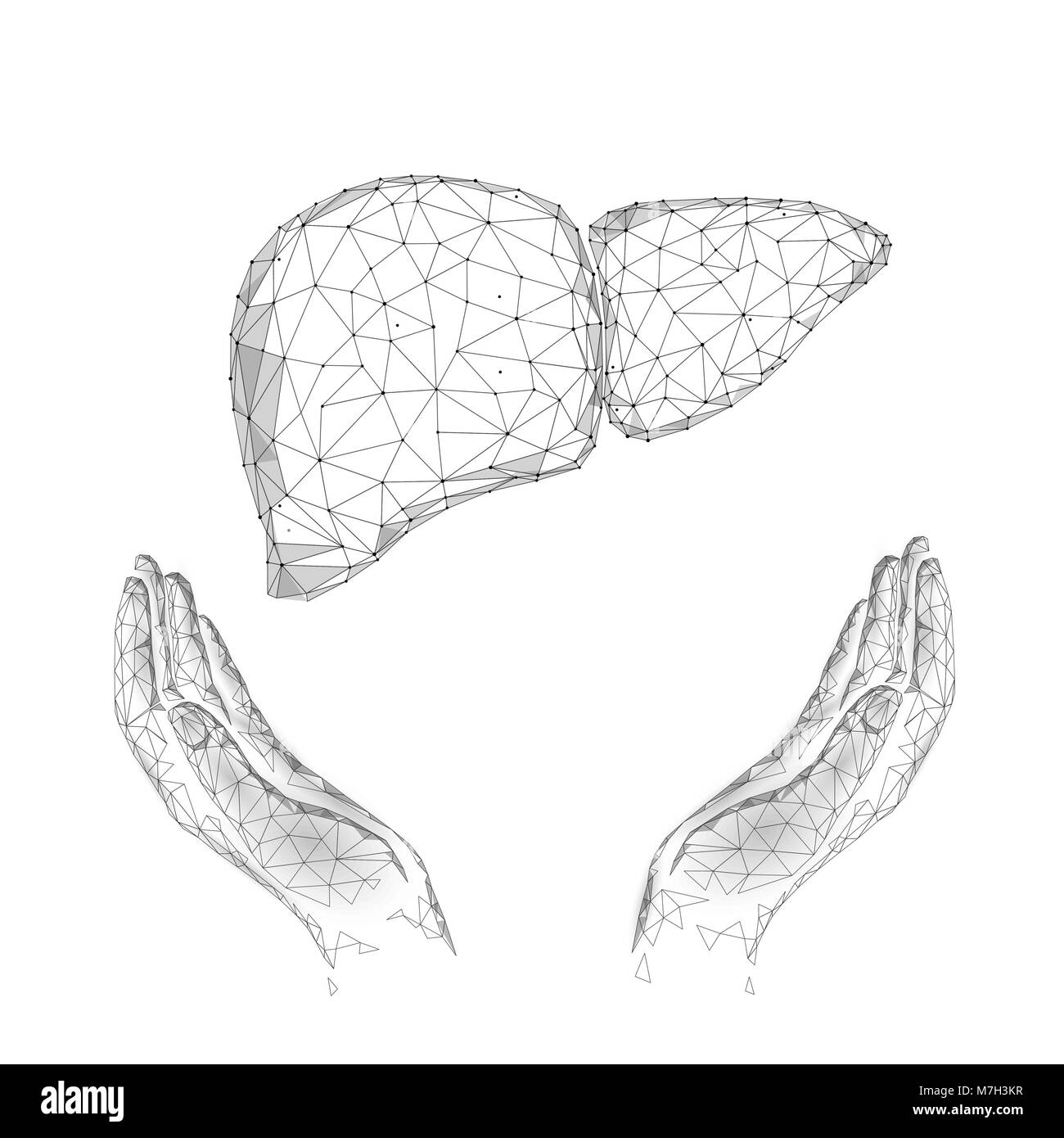 Giornata Mondiale Epatite consapevolezza 28 Luglio la salute del fegato. Medicina bassa poli modello organo umano tenere in mano geometriche poligonali illustrazione vettoriale Illustrazione Vettoriale