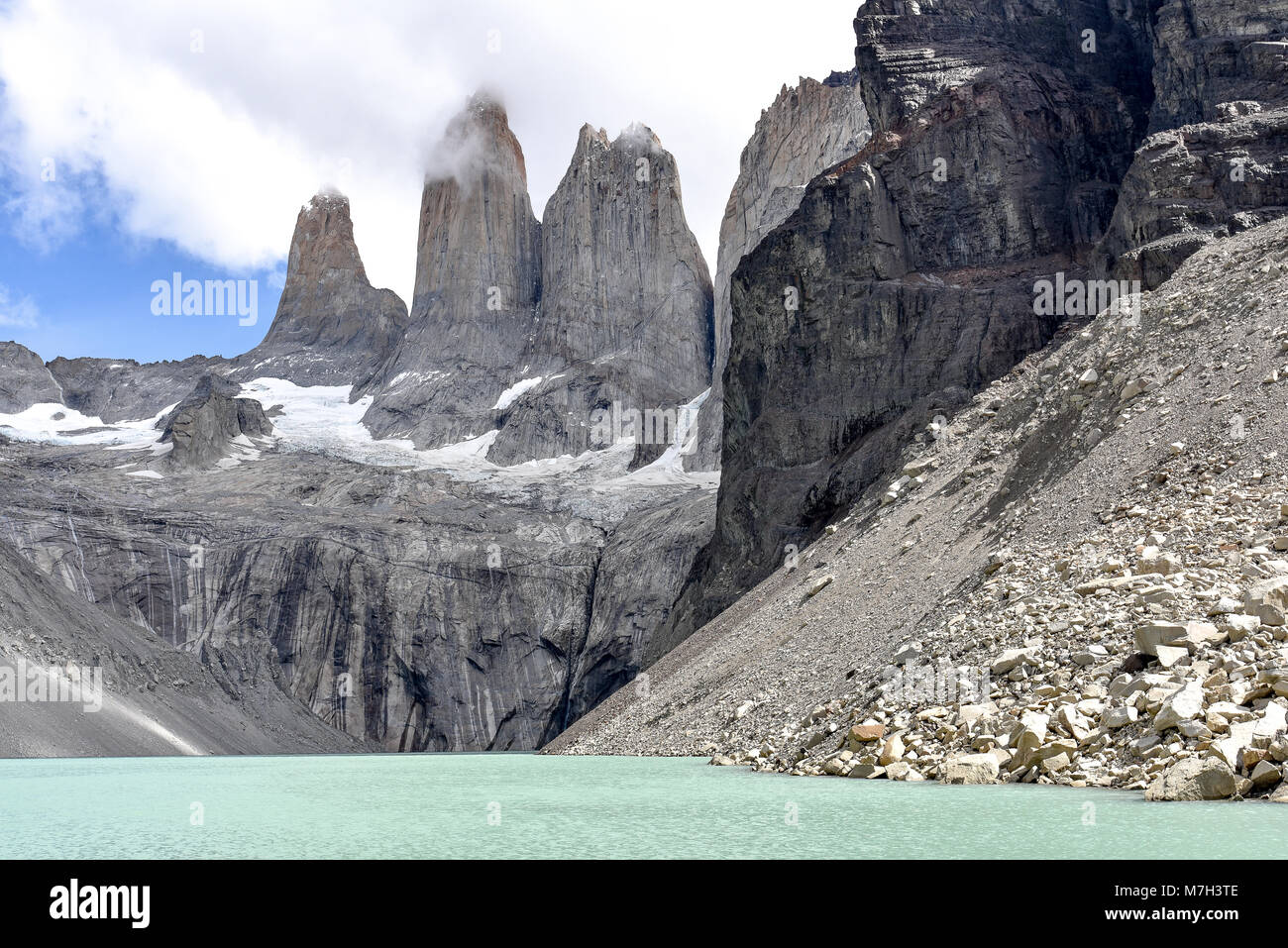 La base delle torri (Base Las Torres), il Parco Nazionale di Torres del Paine Patagonia Cilena Foto Stock