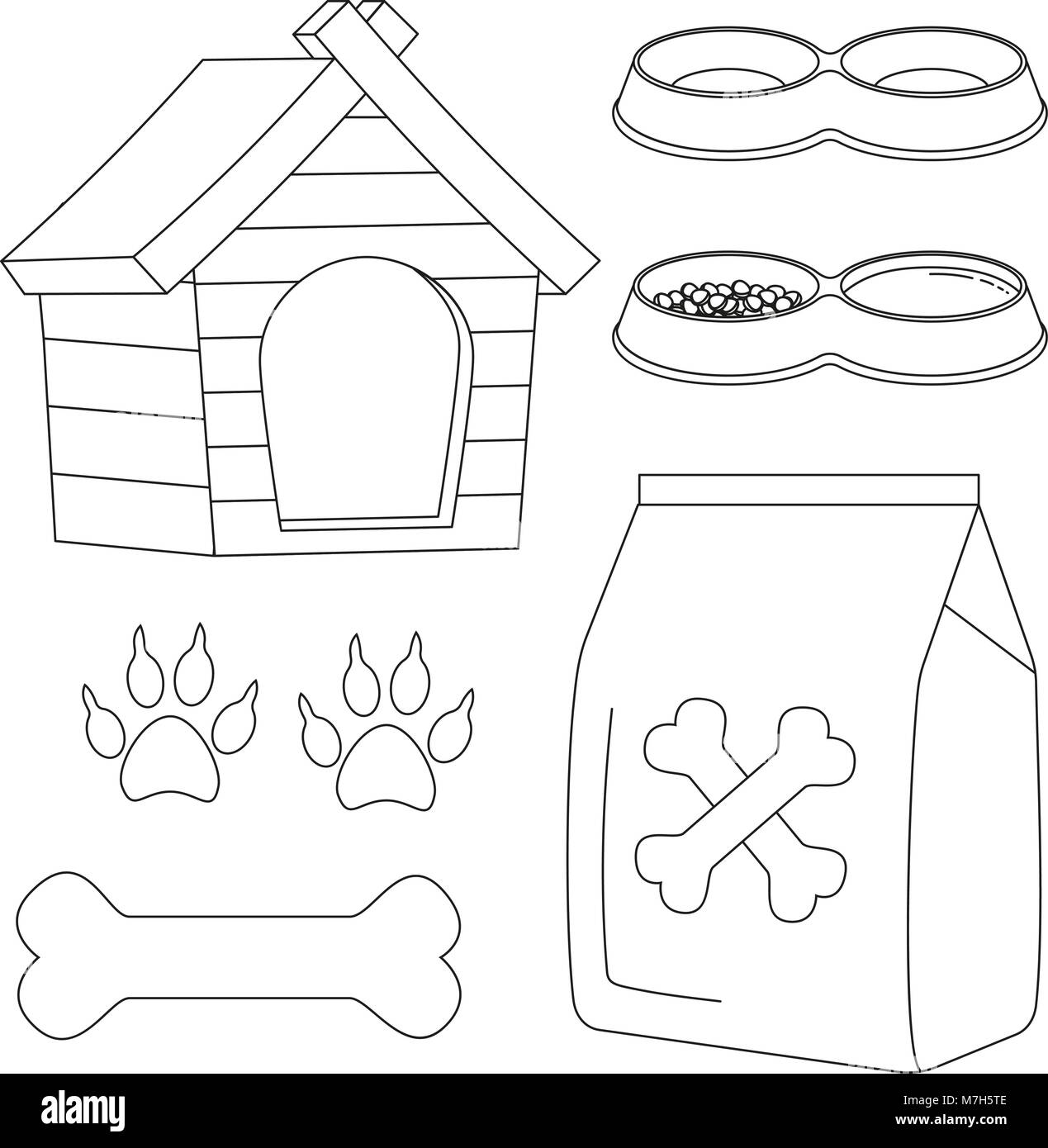 Line art in bianco e nero cane pet care icon set. Illustrazione Vettoriale per la carta regalo, flyer, certificato banner, logo, patch, adesivo Illustrazione Vettoriale