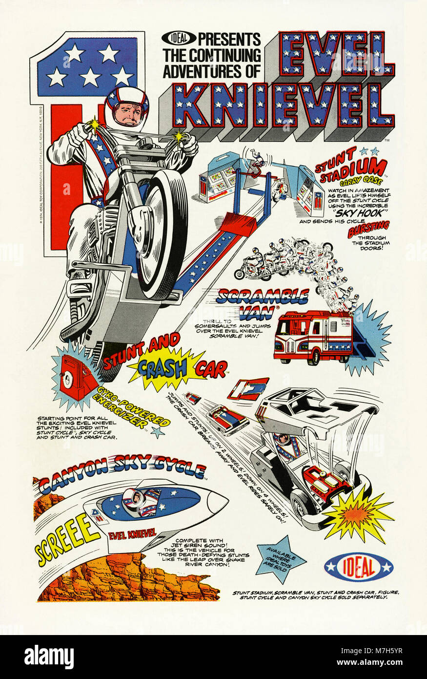 Un 1974 USA spot per mechandising e giocattoli basato sulle avventure di stuntman e daredevil Evel Knievel da Toysmotorcycle ideale Foto Stock