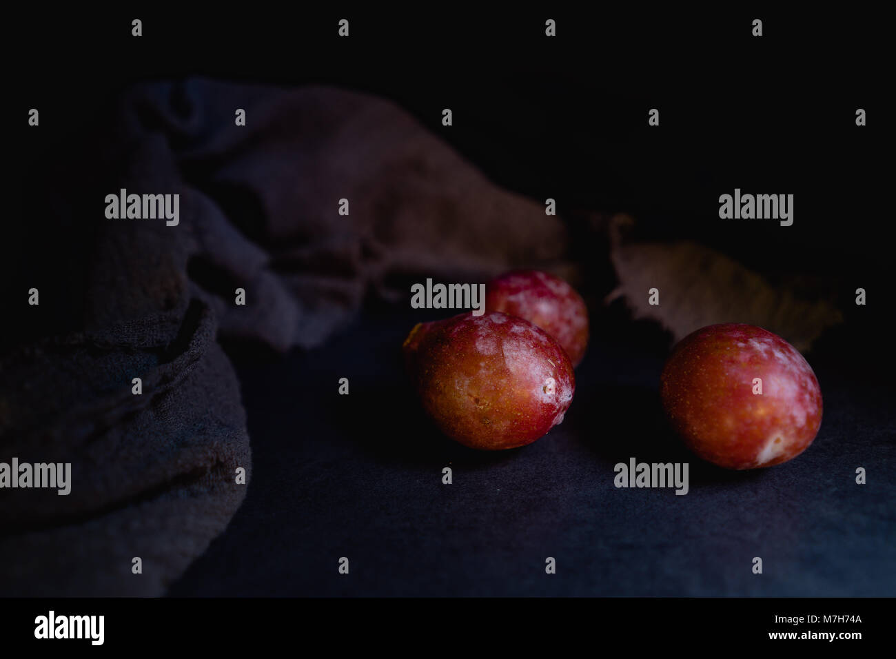 Luce che risplende su Prugne Prugne / in uno sfondo scuro Foto Stock