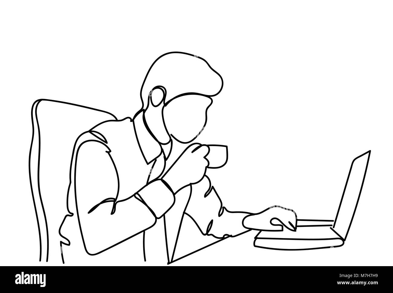 Doodle Business Man bere il caffè o il tè a lavorare con il computer portatile Illustrazione Vettoriale