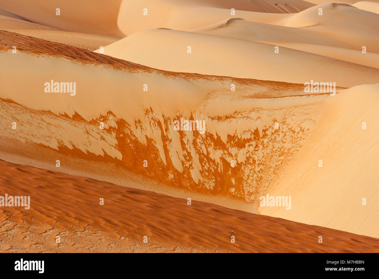 Modelli astratti nelle dune del Rub al Khali o Empty Quarter. A cavallo di Oman, Arabia Saudita, Emirati arabi uniti e Yemen, questo è il più grande deserto di sabbia Foto Stock