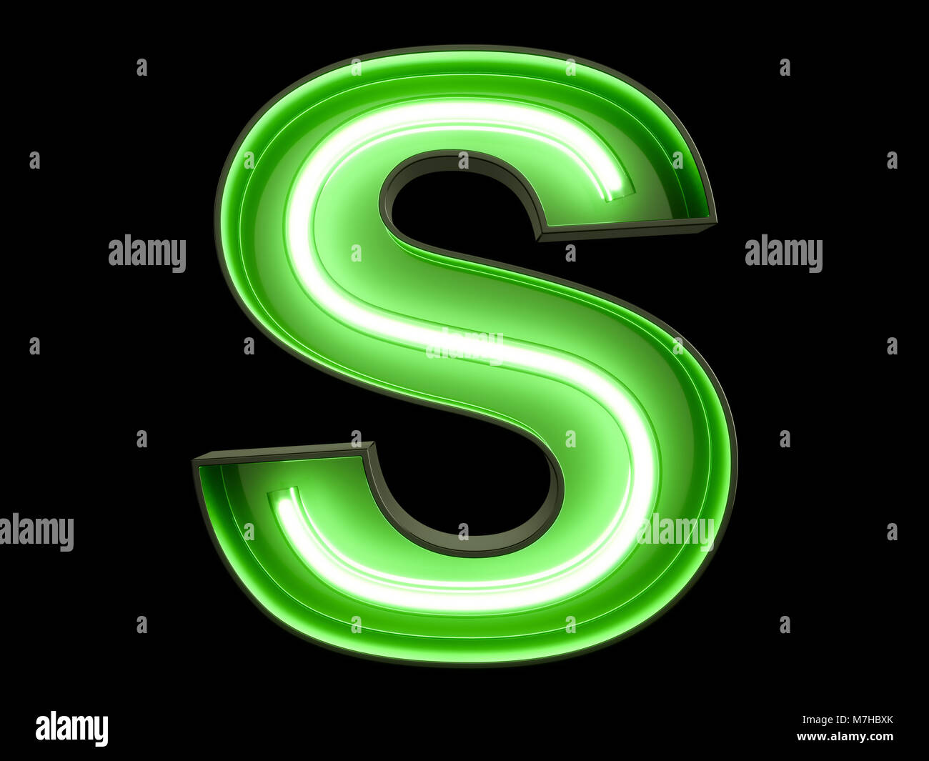 Il Neon luce verde alfabeto carattere font s. Tubo al neon lettere effetto bagliore su sfondo nero. Il rendering 3D Foto Stock