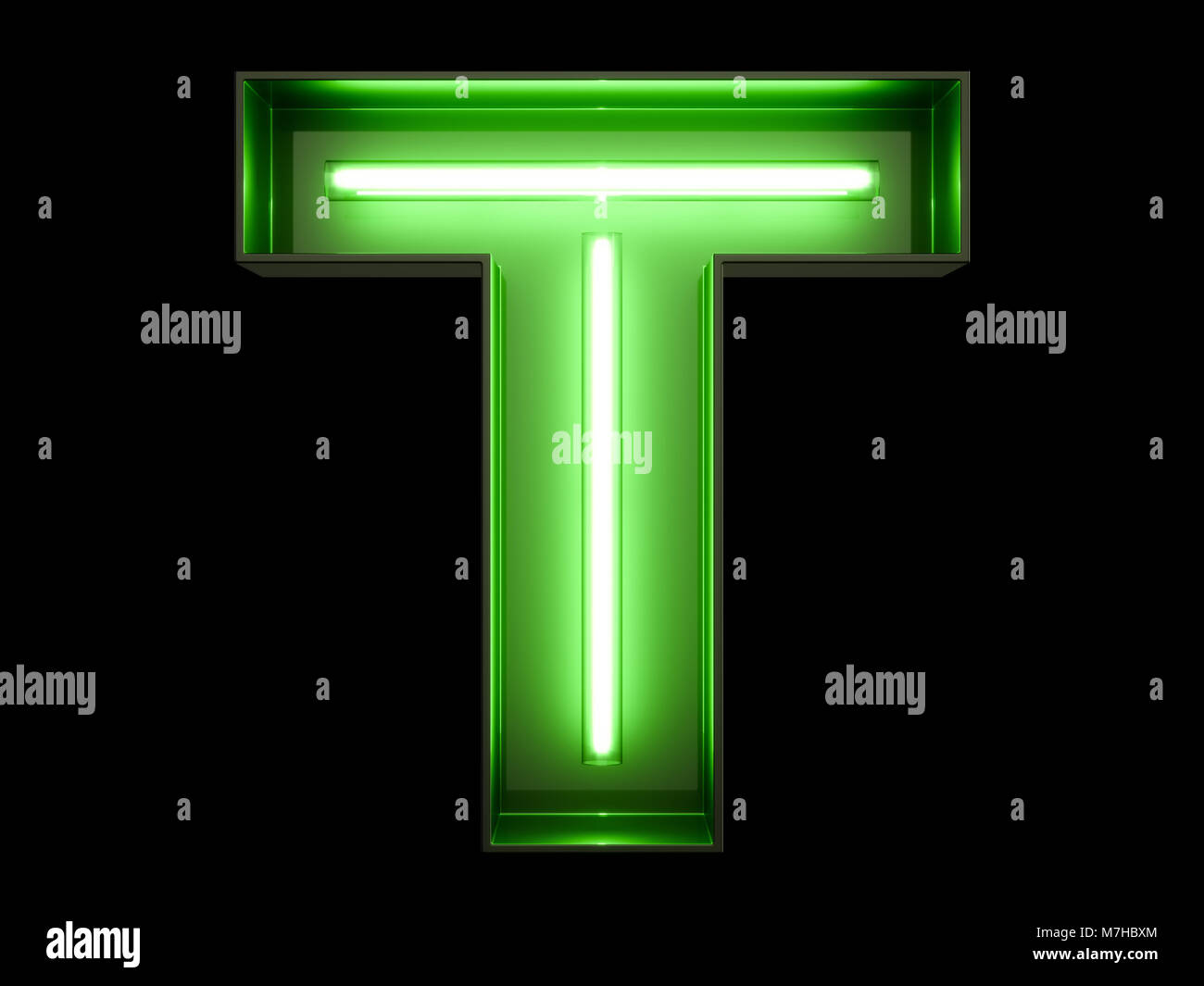 Il Neon luce verde alfabeto carattere font T. Tubo al neon lettere effetto bagliore su sfondo nero. Il rendering 3D Foto Stock