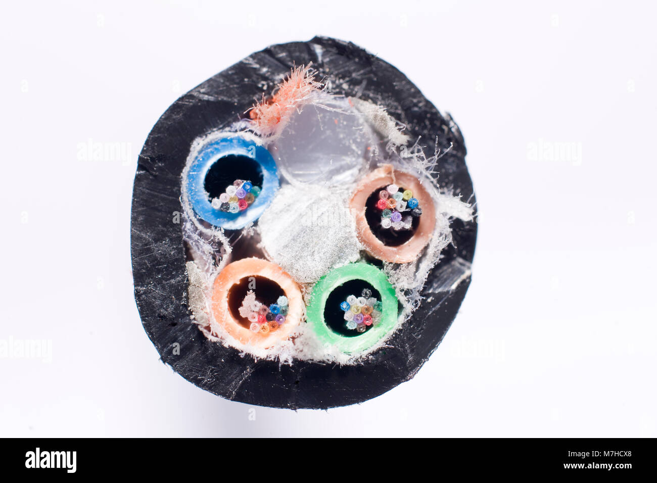 In prossimità di una vista di estremità di tagliare il cavo a fibra ottica contenente 250 micron di fibre Foto Stock