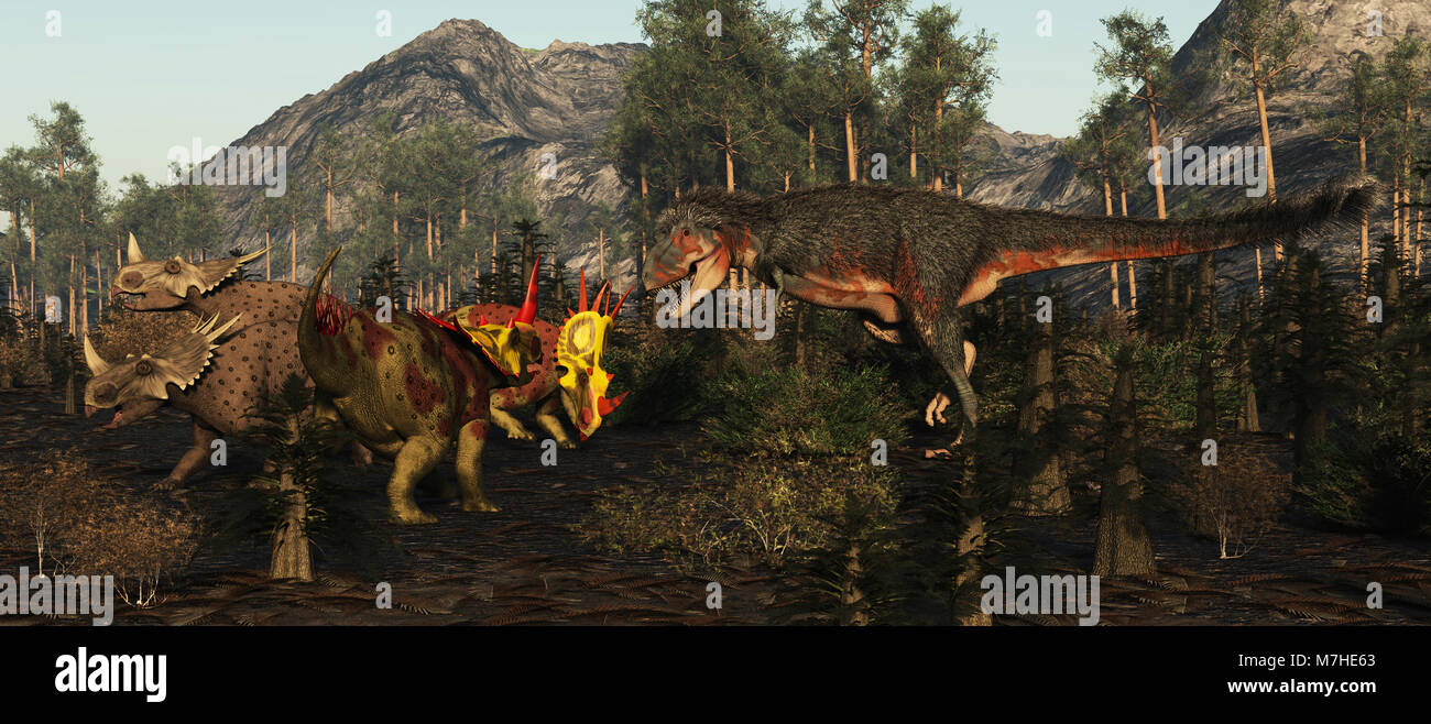 Un Daspletosaurus si avvicina a un piccolo gruppo di dinosauri Rubeosaurus. Foto Stock
