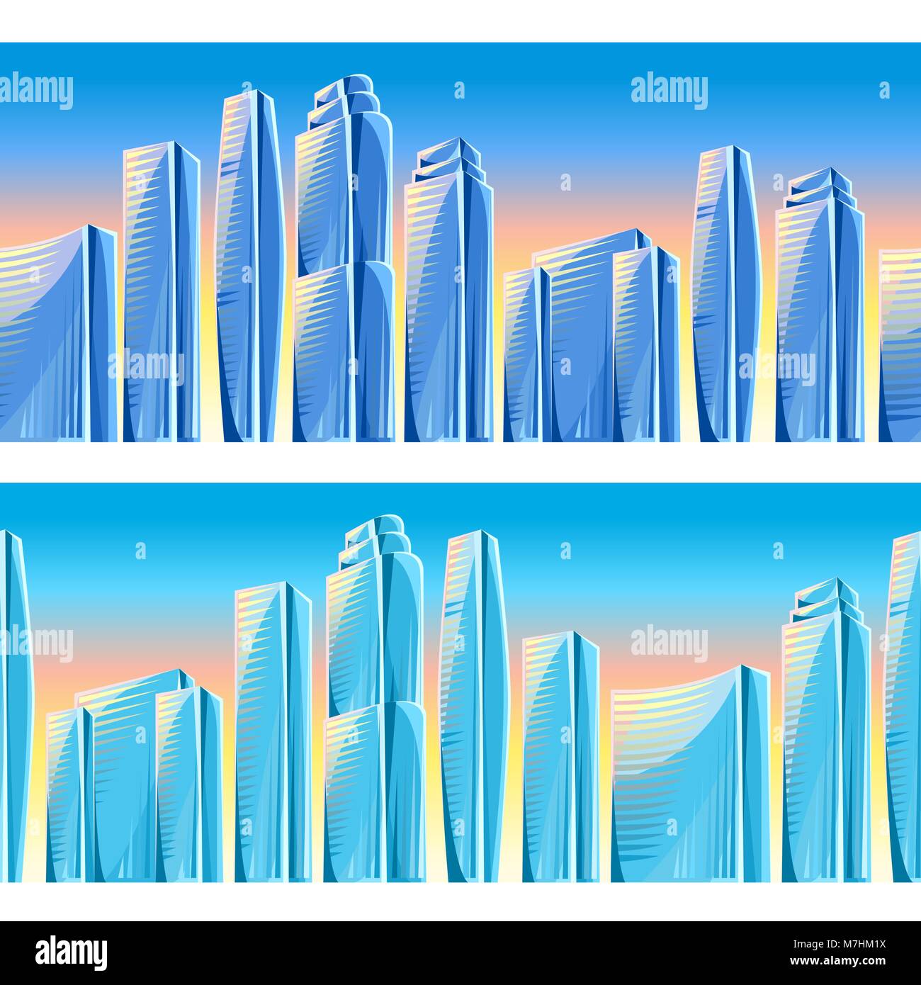 Città grattacieli frontiere senza cuciture in colori blu. Paesaggio urbano illustrazioni concettuale per la costruzione e il turismo business. Immagine può essere utilizzata su opuscoli pubblicitari, banner, presentazioni Illustrazione Vettoriale