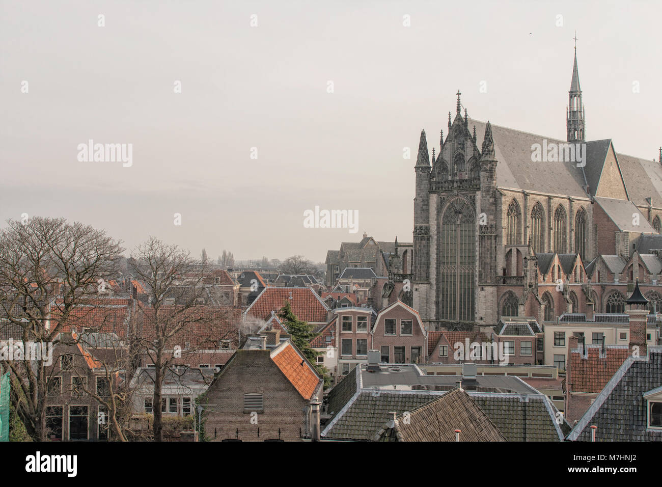 Vista sulla chiesa medievale (1314) nella città di Leiden nei Paesi Bassi con case medioevali vicini. Foto Stock