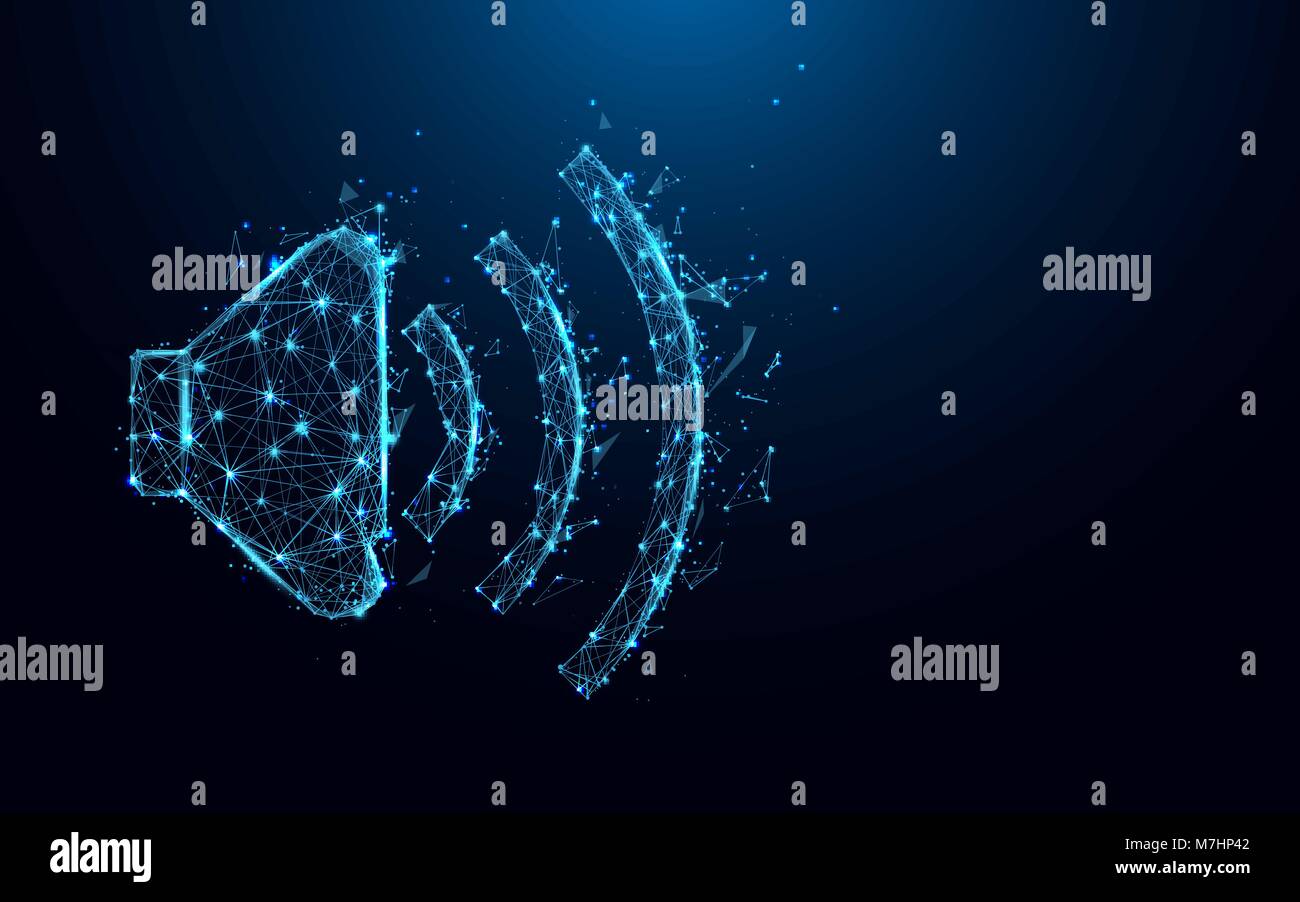 Abstract Audio volume altoparlante formare linee e triangoli, punto collegamento rete su sfondo blu. Illustrazione Vettore Illustrazione Vettoriale