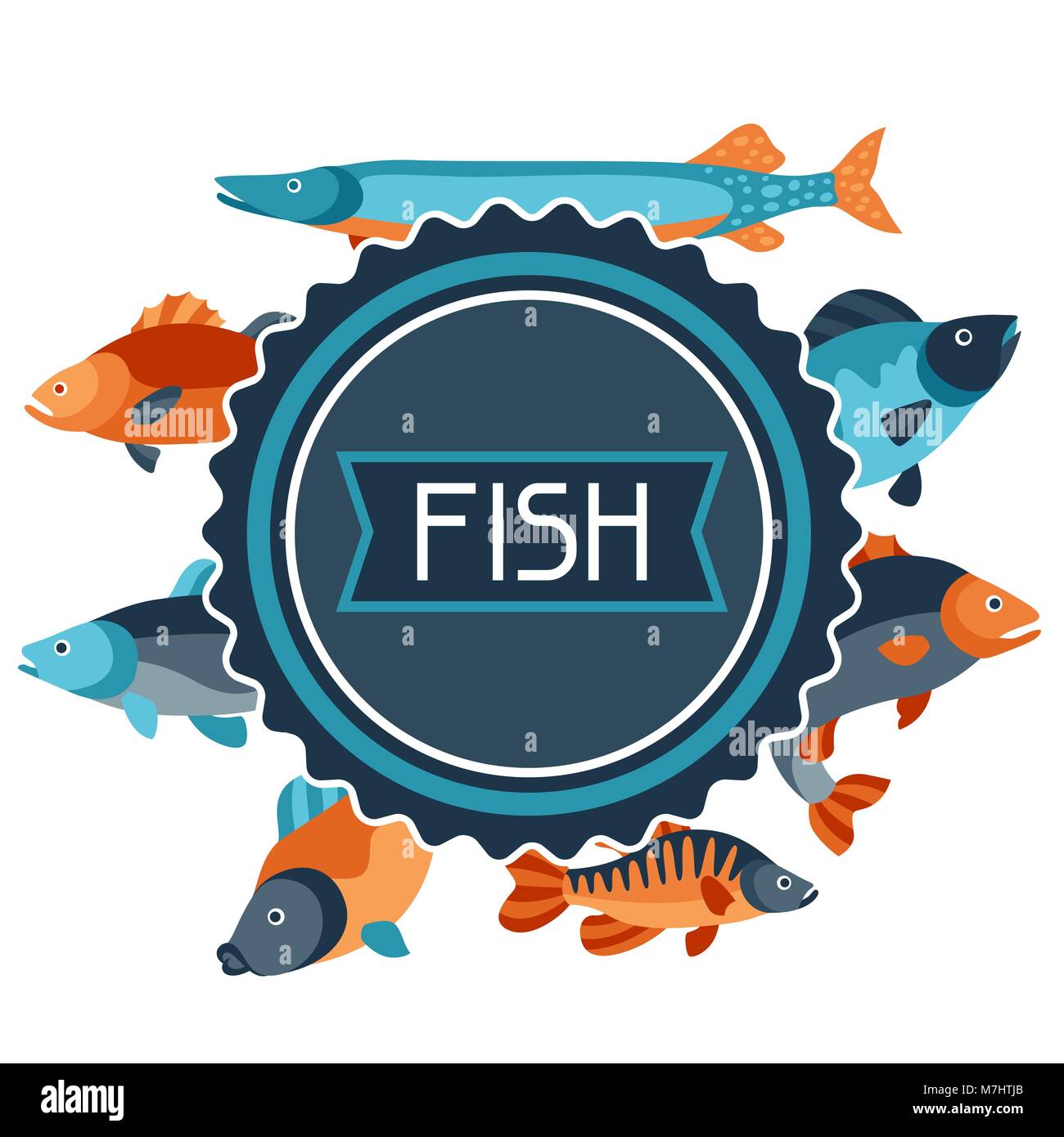 Sfondo con vari tipi di pesci. Immagine per opuscoli pubblicitari, banner, flayers, articolo e social media Illustrazione Vettoriale