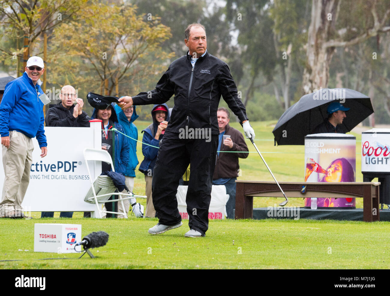 Newport Beach, California, Stati Uniti d'America. Decimo Mar, 2018. OLIN BROWNE reagisce al suo un tee-shot sulla tredicesima foro durante il secondo round della Toshiba Classic presso il Newport Beach Country Club il 10 marzo 2018 in Newport Beach, California. Credito: Doug Gifford/ZUMA filo/ZUMAPRESS.com/Alamy Live News Foto Stock