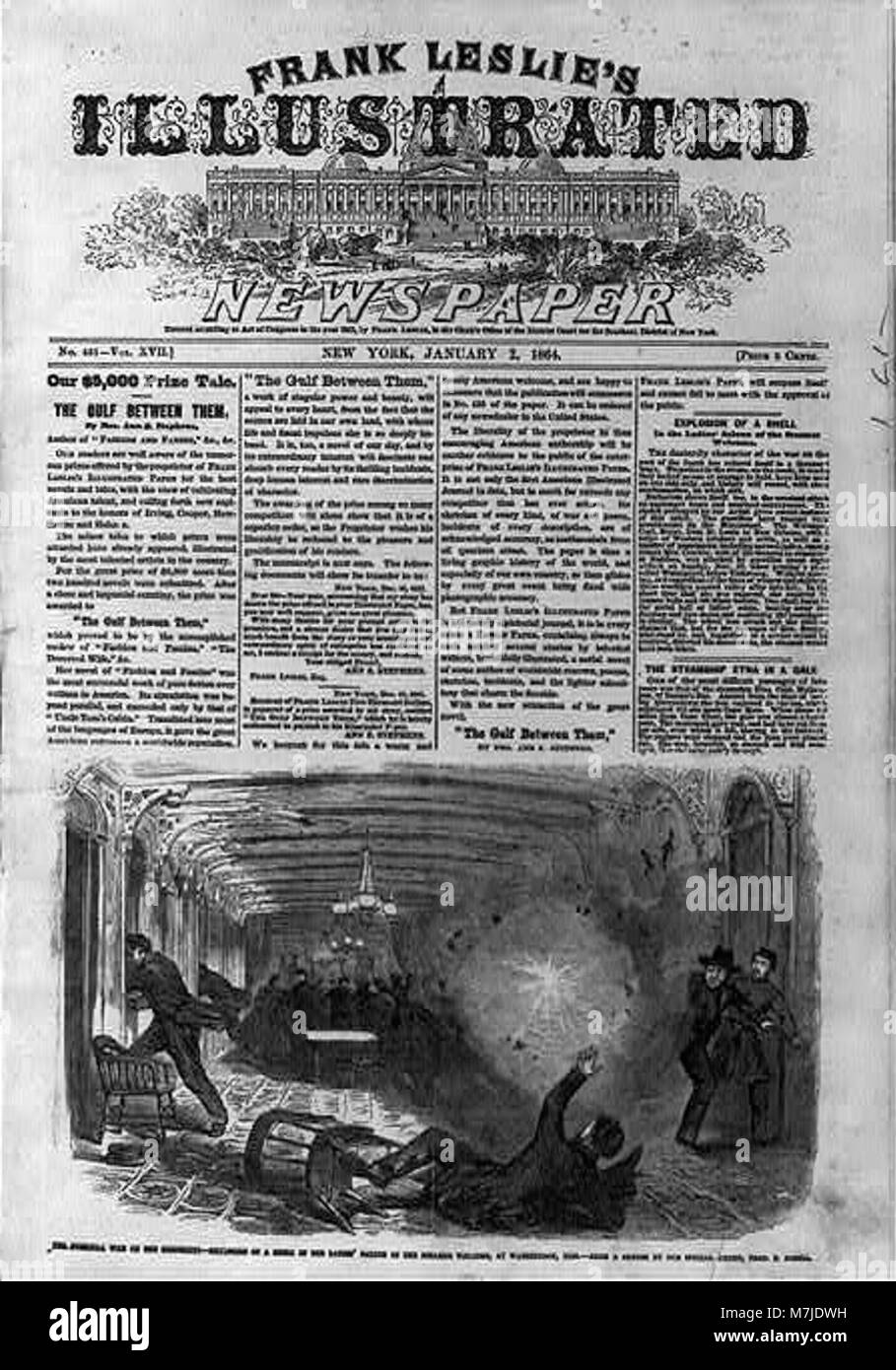 Pagina anteriore di Frank Leslie illustrato giornale, 1864 Gen 2, con illustrazione- La guerra di guerriglia sul Mississippi - esplosione di un guscio in Ladies' berlina di il sistema di cottura a vapore benvenuto, LCCN2002709418 Foto Stock