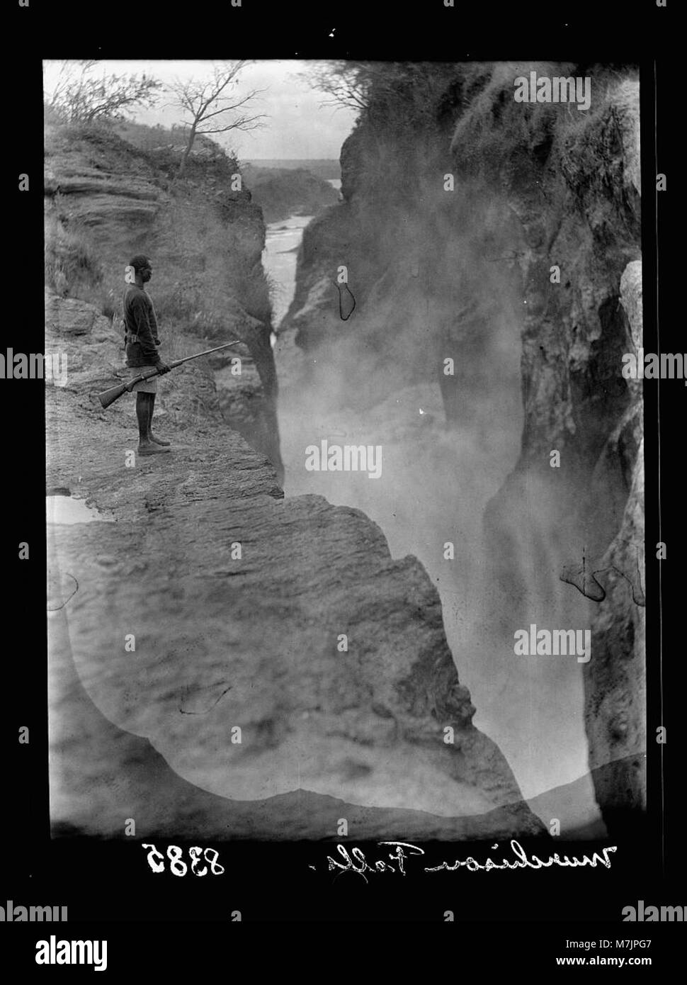 Una vista spettacolare del Nilo Victoria, catturando la potente corsa d'acqua sopra le cascate, mostrando la forza grezza della natura in Uganda. Foto Stock